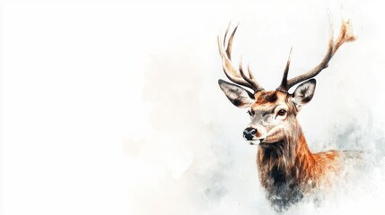 Majestic red deer stag portrait against a soft watercolor background.