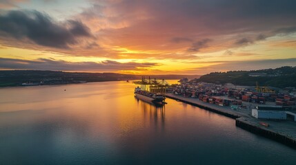 Sunrise over a busy container port with cargo ship.