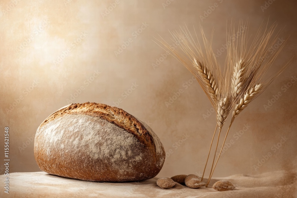 Aufkleber minimalist bread loaf resting on a textured surface with wheat grains nearby for empty text placemen
