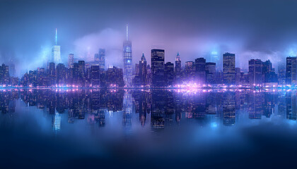 Stunning nighttime cityscape reflected in calm water, vibrant city lights, futuristic feel, moody atmosphere,  perfect for backgrounds.