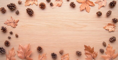 Autumnal border of pine cones and leaves on wood.