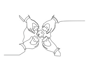 Four hands holding and connecting puzzle pieces, symbolizing teamwork, collaboration, and problem-solving. Ideal for business and strategy themes Continuous line drawing.