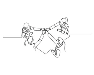A continuous line drawing of four business professionals around a table, joining hands in unity and collaboration in a corporate setting.