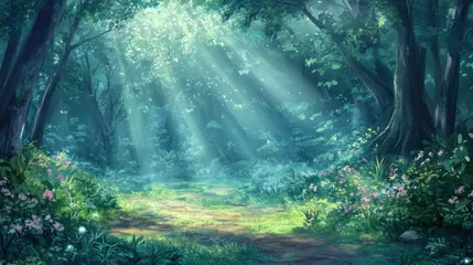 Poster Monde féerique Sunbeams illuminate a path through a lush, vibrant forest.  © BerkahStock