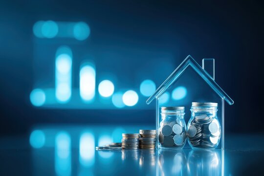 Abstract house design with savings jars and coins financial planning modern home indoor close-up view money management concept