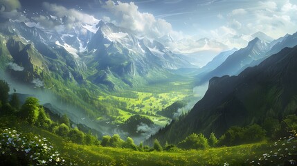 Obraz premium Serene Mountain Valley with Lush Greenery and Majestic Peaks
