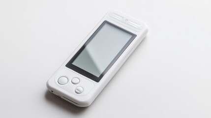 White handheld device with blank screen on white background.