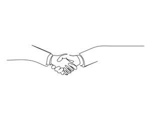 two hands shaking in a formal business setting, symbolizing agreement, partnership, or cooperation. continuous line drawing illustration
