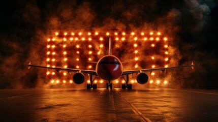 Dramatic View of Airplane with Illuminated Background and Smoke