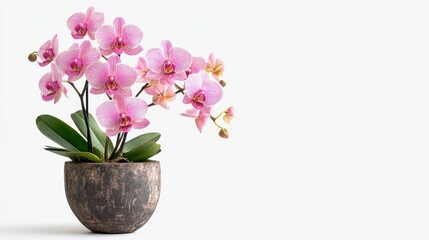 Pink orchid plant in a brown pot on white background.