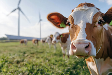 A curious cow stands front and center, surrounded by fellow cows in a vibrant green pasture, with wind turbines and solar panels in the background, representing sustainability.