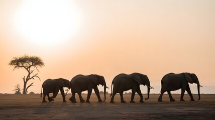 Fototapeta premium Elephants Walking at Sunset – Wildlife Silhouette Photography