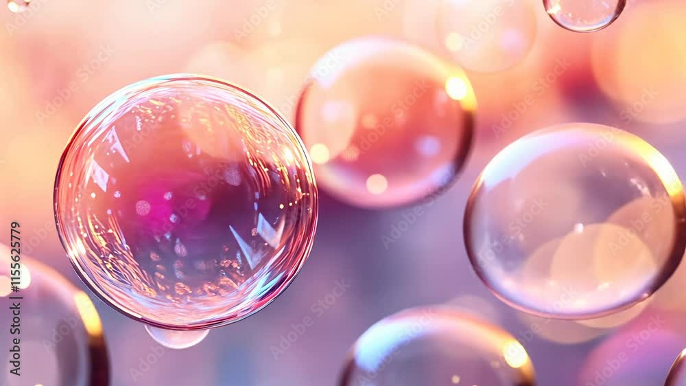 Poster colorful soap bubbles floating in warm ambient light, abstract background. tranquility and playfulne
