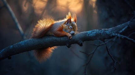 Obraz premium Adorable red squirrel sleeping peacefully on a tree branch at sunset.
