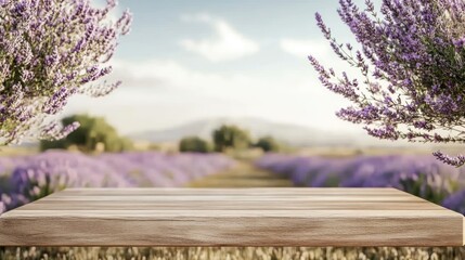 Wooden table in front of a lavender field.