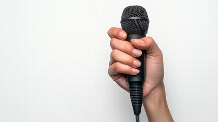 Close-up of hand holding microphone at public speaking event in minimalist conference room