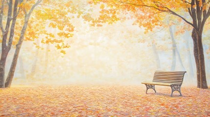 Serene autumn scene with a wooden bench surrounded by colorful leaves.