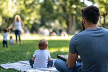 Fototapeta premium A father and his young son share a quiet moment while playing games on a picnic blanket in the park, reflecting the beauty of father-son relationships and outdoor connection.