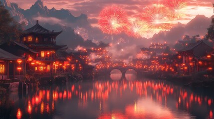 Obraz premium Stunning fireworks illuminate a tranquil riverside village at twilight.