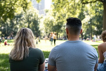 Obraz premium A couple enjoys a peaceful day at the park, observing children playing nearby, emphasizing the joy of relaxation and shared experiences in a vibrant outdoor setting.