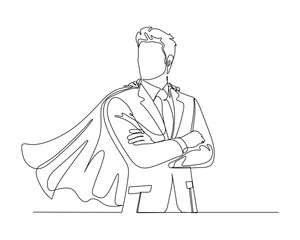 A businessman wearing a suit and tie with a cape flowing behind, standing with arms crossed. The image conveys confidence and strength, blending professionalism with superhero elements. © riz