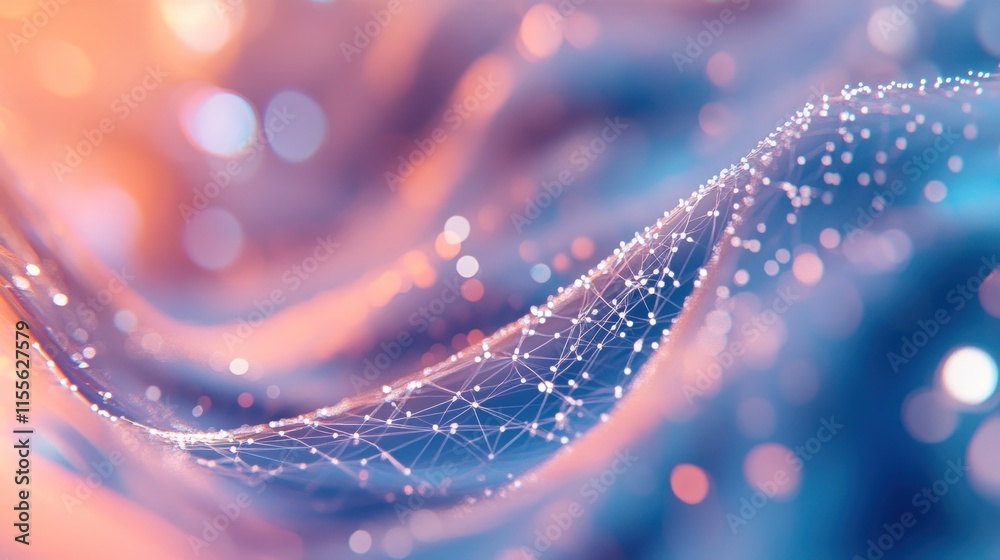Aufkleber Abstract wave of connected dots and lines on a blurred background with bokeh lights.