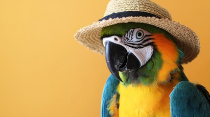 A vibrant blue-and-gold macaw parrot wears a straw hat against a yellow background.