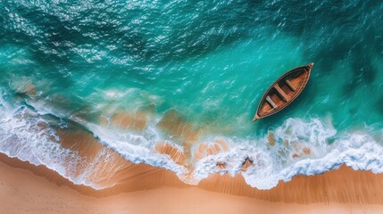Fototapeta premium Solitude at Sea: A Wooden Rowboat Anchored Near a Pristine Beach