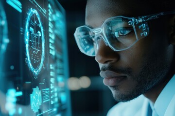 A focused individual wearing glasses examines futuristic data displayed on a transparent screen, embodying technology and innovation.