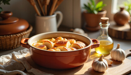 Acorda dish with bread dumplings in a rustic bowl, warm, garnished with herbs, cozy kitchen setting
