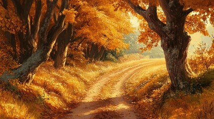 Fototapeta premium Sunlit autumn path through golden forest.