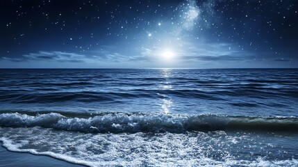 Fototapeta premium Serene night ocean view under a starry sky with a glowing moon.