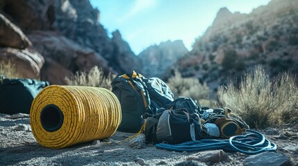 Fototapeta premium A roll of polyethylene rope next to outdoor climbing gear, set on a rock face or mountain trail.