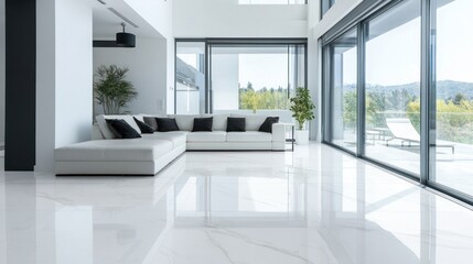 Modern white living room with sectional sofa, large windows, and glossy floor.