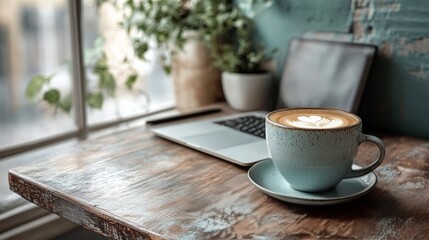 Fototapeta premium Relaxing workspace with laptop and greenery in a cozy setting