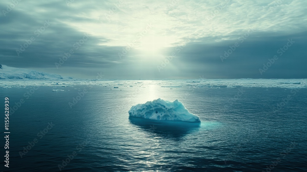 Aufkleber melting iceberg floats serenely in a vast blue ocean under a cloudy sky with reflective water surfac