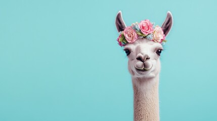 Obraz premium White llama wearing flower crown against blue background.