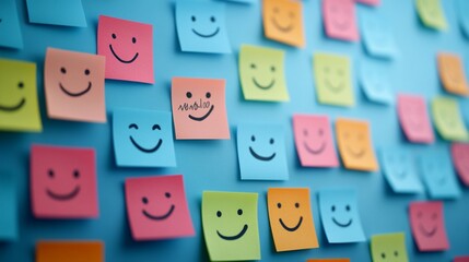 Colorful sticky notes with hand-drawn happy smiley faces arranged on blue wall creating positive cheerful mood, shallow depth of field focus on center notes, office decoration