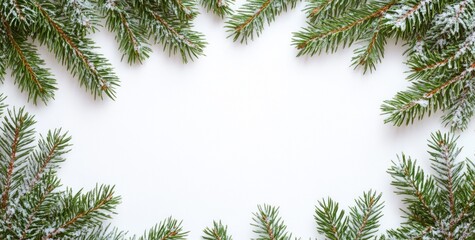 Snowy fir branches frame on white background.