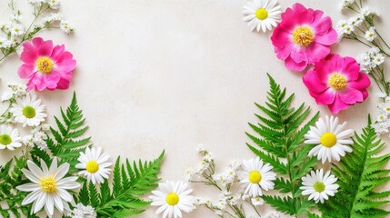 Fototapeta premium Floral frame with daisies, roses, and ferns on beige background.