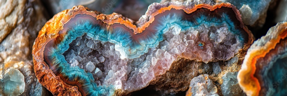 Poster vibrant agate geode close-up showcasing intricate textures and colorful layers of orange, teal, and 