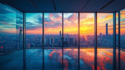 Fototapeta premium Stunning sunset view of New York City skyline from modern high-rise interior