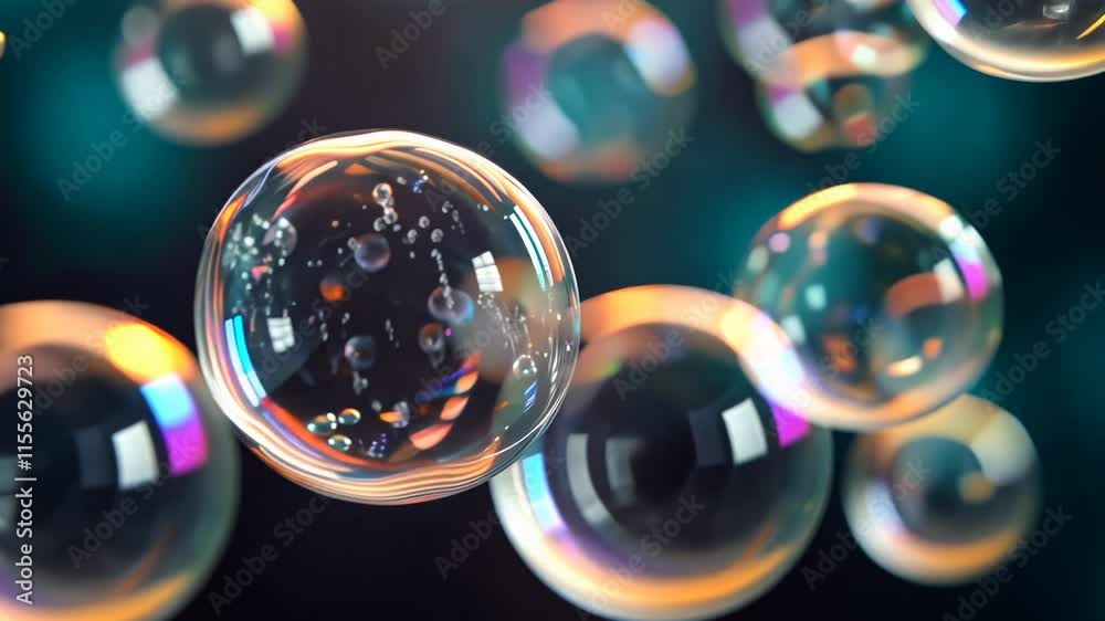 Poster Soap bubbles floating against dark background with colorful reflections, macro photography. Abstract art and whimsy concept