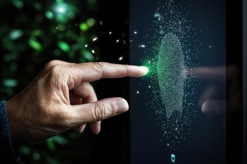 A hand touches a digital screen, activating a green fingerprint sensor, illustrating advanced biometric technology and security.