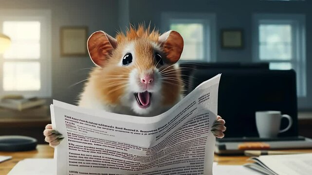 A playful hamster sits at a desk, holding a newspaper with a curious expression. Natural light fills the cozy home office, creating a warm atmosphere as the hamster seems intrigued by the news