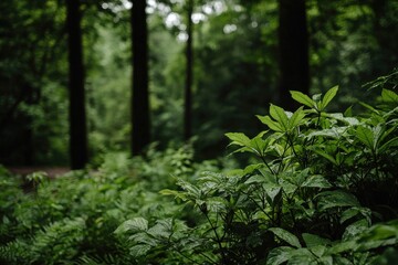 Lush green foliage in a dense forest setting, showcasing vibrant leaves and tall trees in a tranquil, natural environment.