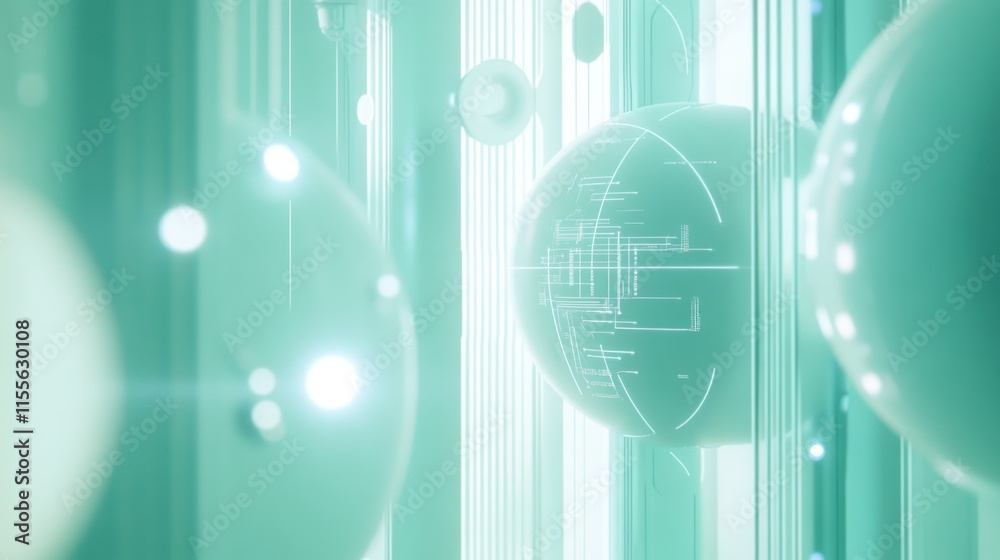 Poster Abstract teal spheres with glowing lines and data, futuristic digital background.