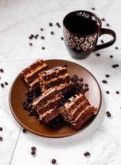 Delicious homemade layered chocolate cake with chocolate chips.