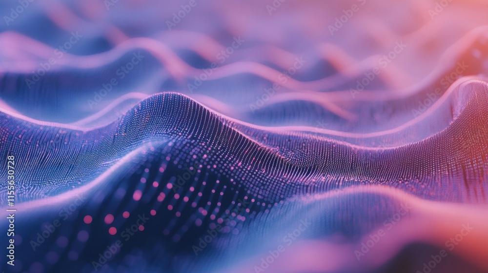 Poster abstract digital landscape with glowing particles and wavy lines in pink and blue.