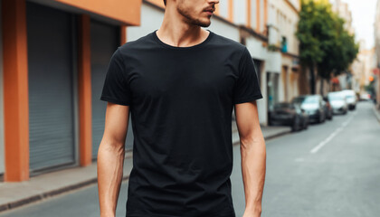 Young Model Shirt Mockup, Boy wearing black t-shirt on street in daylight